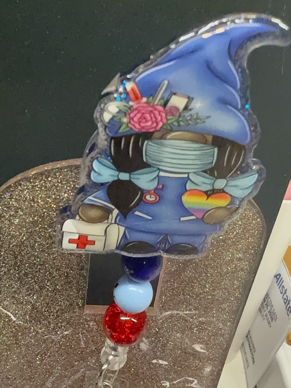 Paramedic Cute Healthcare Gnome Badge Reel - Blue with Rainbow Heart